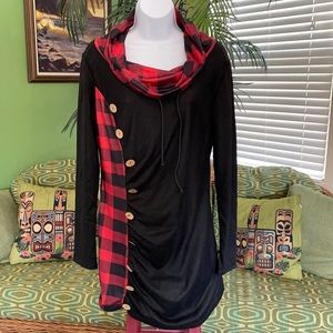 Black and red buffalo check Cowl neck dress